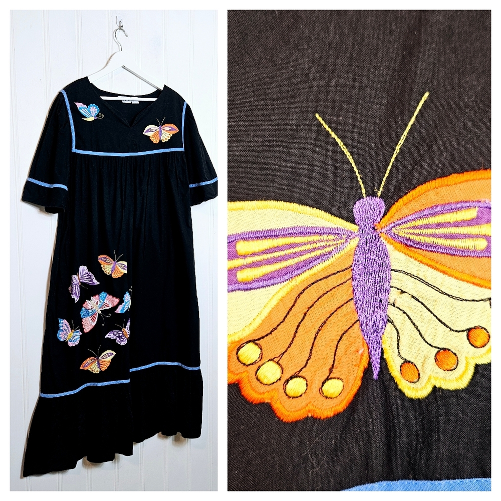 Vintage 90s Butterfly Embroidered Cotton Midi Dress Boho Prairie Size 16 Patio